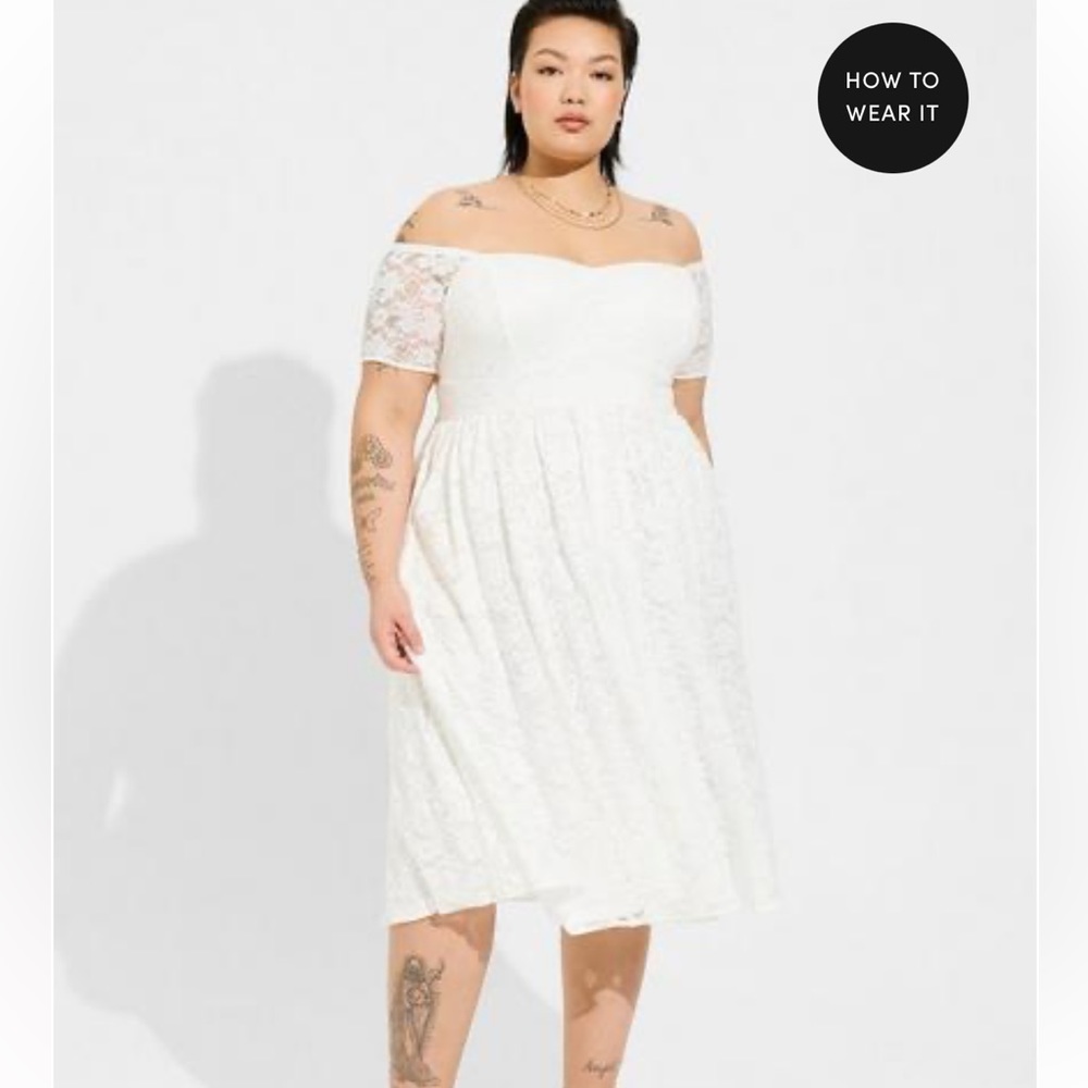 Torrid Size 1 White Midi Lace Off Shoulder Skater Dress NWT